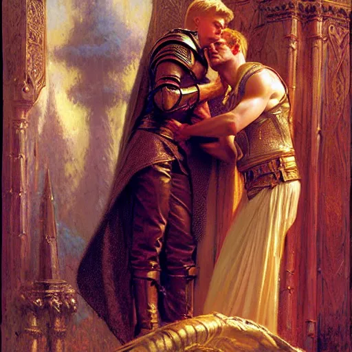 Image similar to attractive, arthur pendragon in love with attractive male, merlin the mage. highly detailed painting by gaston bussiere, craig mullins, j. c. leyendecker