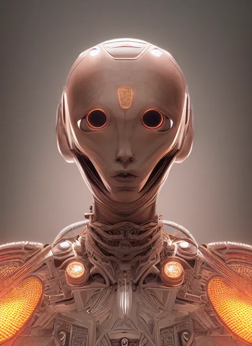 Prompt: beautiful portrait of an alien cyborg, style of Feng Zhu, Artstation geometric, aesthetic, big eyes, smooth skin, angelic, dreamlike, unique features, symmetrical, intricate crown, high fashion, streetwear, cyberpunk, detailed, octane render, cinematic, 8k, brown skin, retro sci fi film, Stanisław Szukalski + Moebius,