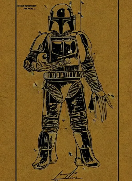 Image similar to vintage patent drawing of a kenner boba fett action figure by leonardo davinci, illustrations, intricate writing, concept art, labels, highly detailed