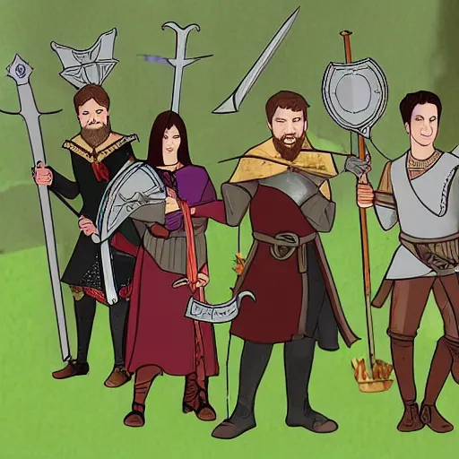 Image similar to the cast of tv show friends in medival battle with swords and shields, fantasy realistic