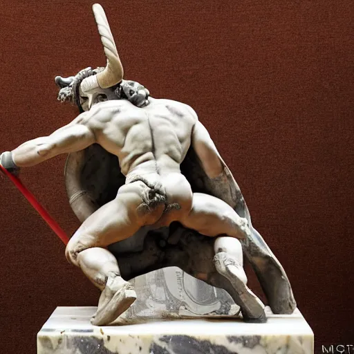 Prompt: Cult of Mithras, Roman marble statue of young man, muscled bodied, Mithras fighting a bull, epic, cinematic, dark, dystopian, battle damaged, in the style of Ashley Wood