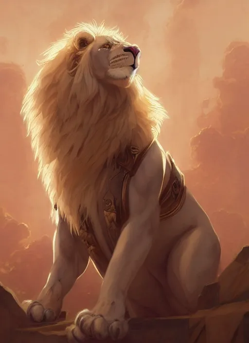 Prompt: aesthetic portrait commission of an albino male furry anthro lion wearing a bronze and gold metal outfit, vintage Atmosphere. Character design by charlie bowater, ross tran, makoto shinkai, Greg Rutkowski and Thomas Kinkade, detailed, inked, western comic book art, 2021 award winning painting