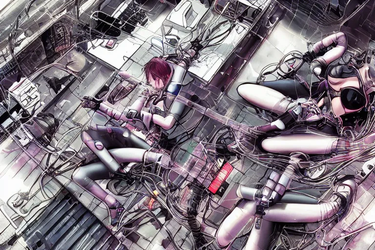 Prompt: a cyberpunk illustration of a group of female androids in style of masamune shirow, lying on an empty, white floor with their bodies scattered across in different poses and cables and wires coming out, by yukito kishiro and katsuhiro otomo, hyper-detailed, intricate, view from above