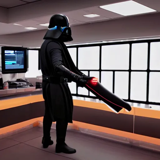 Image similar to darth vador working at dunkin donuts , 8k cinematic lighting, very sharp detail, anatomically correct