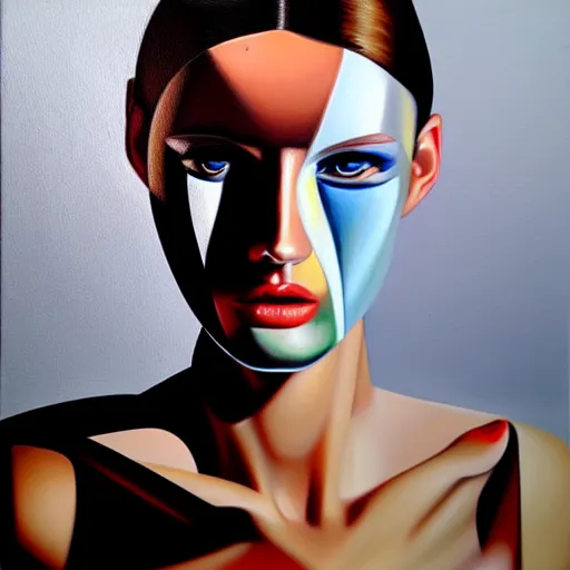 Prompt: fashion model with half robot face, hyperrealism oil painting