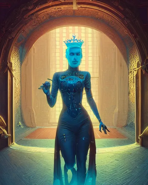 Image similar to highly detailed surreal vfx portrait of a cyberpunk queen in a majestic castle by golden tree, stephen bliss, unreal engine, greg rutkowski, loish, rhads, beeple, makoto shinkai and lois van baarle, ilya kuvshinov, rossdraws, tom bagshaw, alphonse mucha, global illumination, detailed and intricate environment