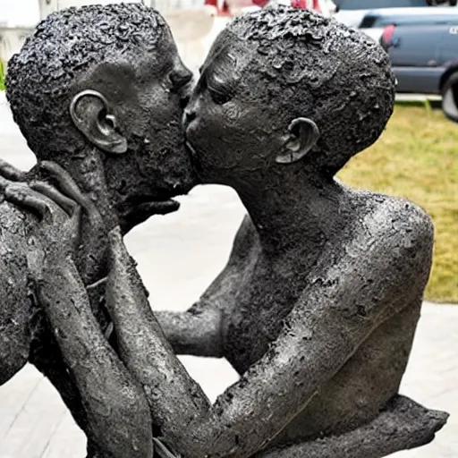 Image similar to The kiss, sculpture by a famous artist made of recycled materials