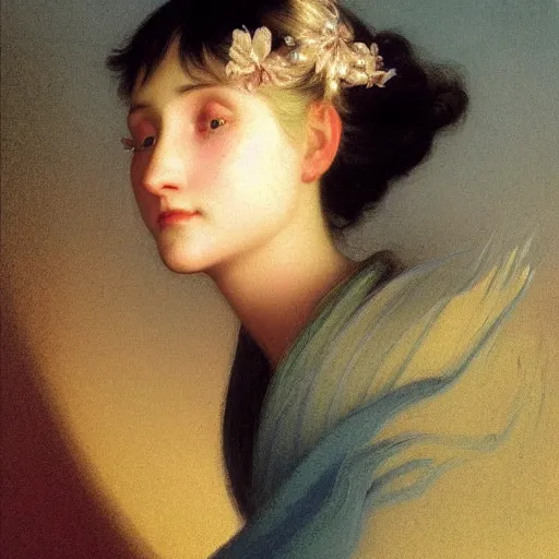 Image similar to a young woman's face, her hair is white and she wears an indigo blue satin cloak, by ivan aivazovsky and syd mead and moebius and gaston bussiere and roger dean and pieter claesz and paul delaroche and alma tadema and aelbert cuyp and donato giancola, hyperrealistic, volumetric light, octane render