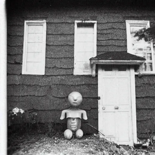 Prompt: alien in grandmother's village is photographed against the background of an old house, top secret style photo, 7 0 s