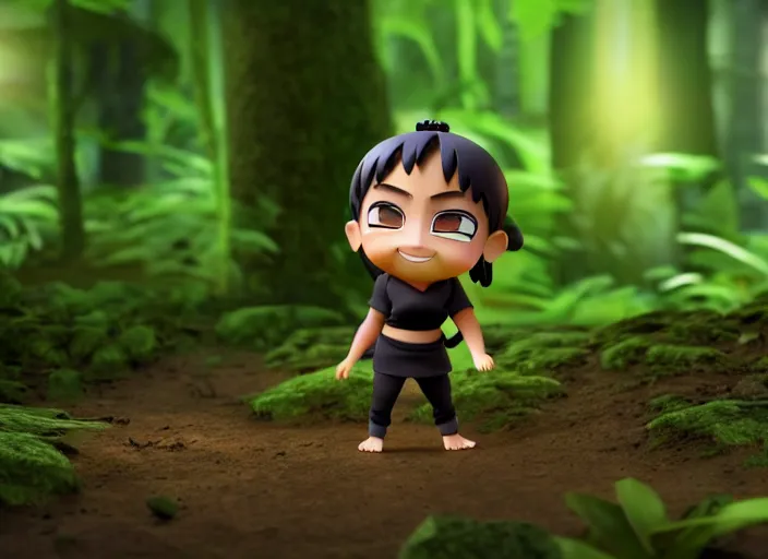 Image similar to zen ninja as nendoroid walking in a forest in the croods movie style, anime, disney, pixar, 8 k, hd, dof, kodak film, volumetric lighting, subsurface scattering, photorealistic, octane render, details