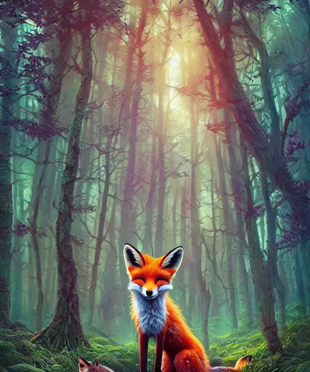 Image similar to a single realistic fox, walking through a psychedelic forest, wide angle landscape shot, pixar style by tristan eaton, artgerm and tom bagshaw