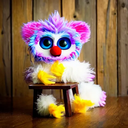 Image similar to an adorable fluffy furby muppet plush character with big gremlin ears and funfetti cake coloring wearing a little clown outfit and sitting on a wooden chair