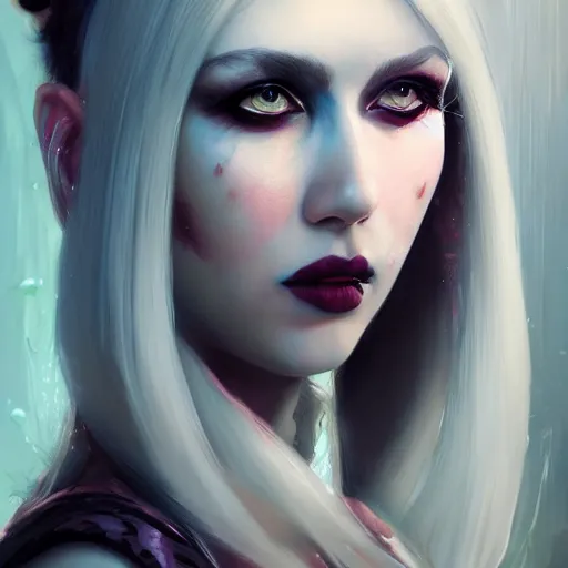 Image similar to a beautiful portrait of kerli koiv with bubble goth makeup, a detailed painting by greg rutkowski and raymond swanland, featured on cgsociety, fantasy art, detailed painting, artstation hd, photorealistic