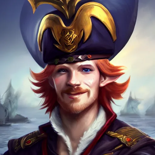 Image similar to dashing charming ginger grinning charismatic elf male rogue, wearing pirate captain's tricorne hat, naval background, amazing, portrait, stunning, trending on art station, artgerm, Greg rutkowski