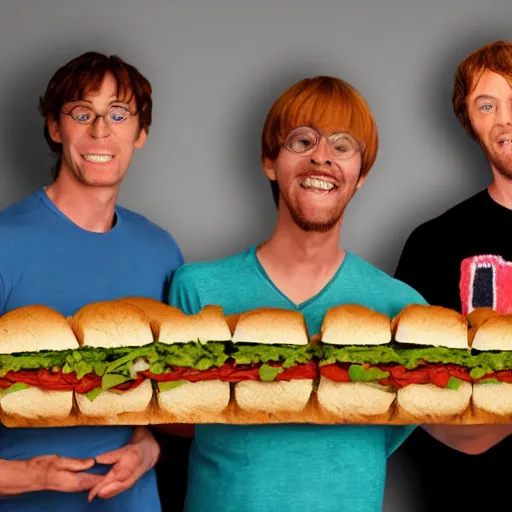 Image similar to realistic photo of scooby doo and shaggy with 2 foot high sandwiches