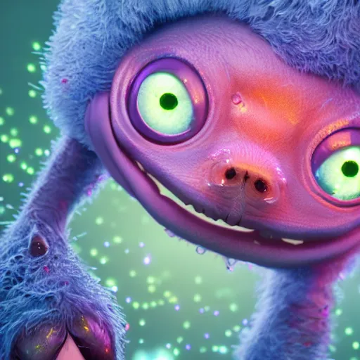 Image similar to tiny single cell creature, portrait, micro - organisms, center, symmetric, rim light, marine microbiology, bioluminescence, electric, fur, soft, concept art, intricate details, highly detailed, colorful, photorealistic, disney pixar, octane render, iridescent, anime, 8 k