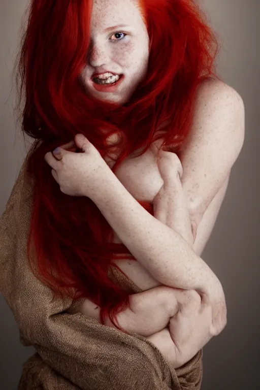 Prompt: A beautiful young woman with red hair, very light freckles, mouth slightly open, slight smile, linnen sheet draped over one shoulder, seducing the camera, award winning photograph by Annie Liebowitz