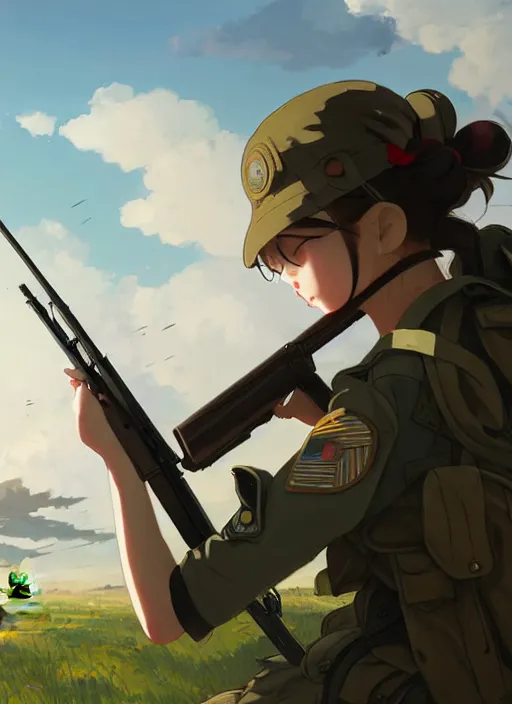 Prompt: portrait of cute soldier girl shooting rifle, cloudy sky background lush landscape illustration concept art anime key visual trending pixiv fanbox by wlop and greg rutkowski and makoto shinkai and studio ghibli and kyoto animation soldier clothing military gear realistic anatomy mechanized