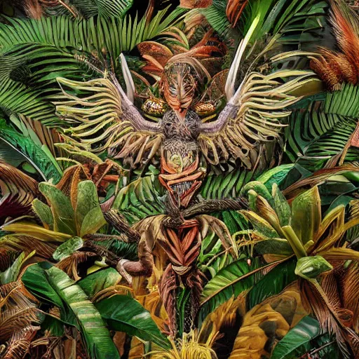 Prompt: photo of an intricate jungle scene showing a bird with six arms, covered in feathers. extreme detail, hyperrealistic photo, gloomy