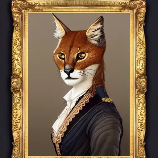 Prompt: portrait of caracal cat dressed in aristocratic clothing. elegant, highly detailed, digital painting, artstation, concept art, smooth, sharp focus, illustration, art by artgerm and greg rutkowski and alphonse mucha