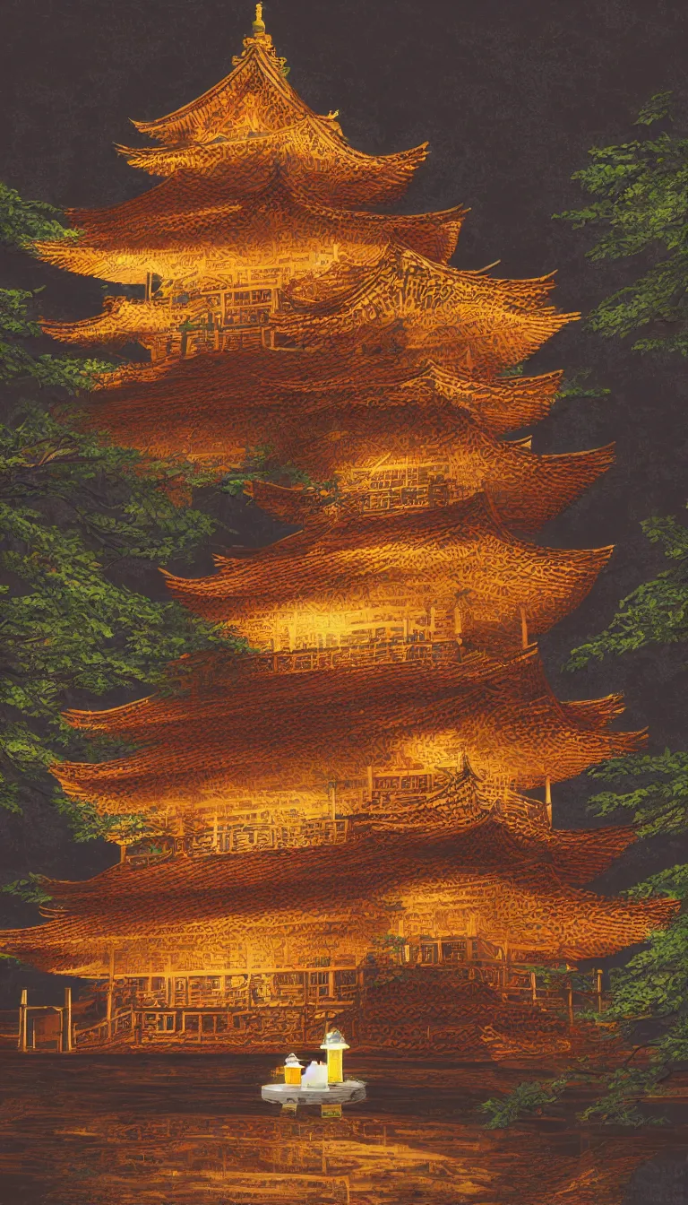 Prompt: digital painting of a pagoda, tea drinking and paper lanterns, 4K