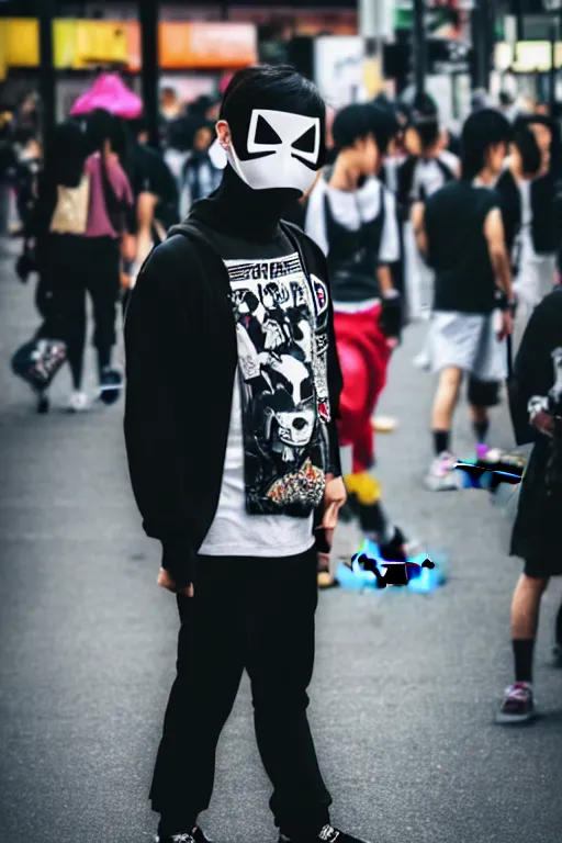 Image similar to masked guy with skateboard in harajuku, portrait, cinematic view, bokeh, extreme detailed, vogue photo style, proportional, dynamic composition, intricate, comfort posse, smooth, sharp focus, body features, ultra realistic, award winning photo, captured by nikon d 8 5 0, 4 5. 7 mp lens, 4 k, full body.