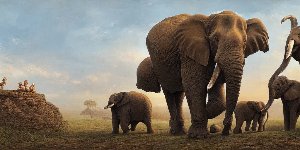 Prompt: two adult elephants comfort a baby elephant, only three elephants, rich golden hour, savannah, illustration, detailed, smooth, soft, warm, by Adolf Lachman, Shaun Tan, Surrealism