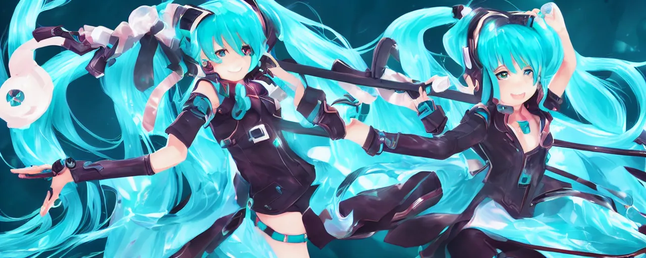 Prompt: Hatsune Miku splash art as a League of Legends character, Riot Games, digital art