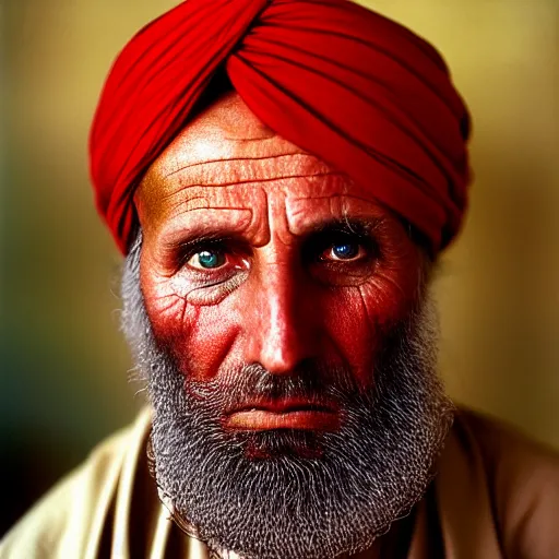 Prompt: portrait of president donald trump as afghan man, green eyes and red turban looking intently, photograph by steve mccurry
