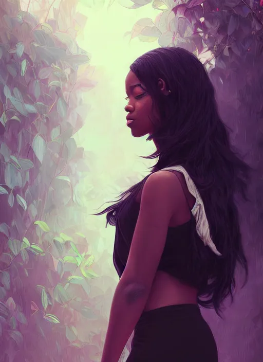 Image similar to handsome black young women with shoulder length black hair, half body shot, path traced, highly detailed, high quality, digital painting, alena aenami, lilia alvarado, shinji aramaki, karol bak, alphonse mucha, tom bagshaw