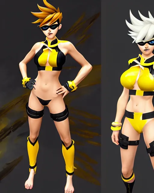 Image similar to tracer game character, in yellow bikini, blonde hair, black eyes, full height