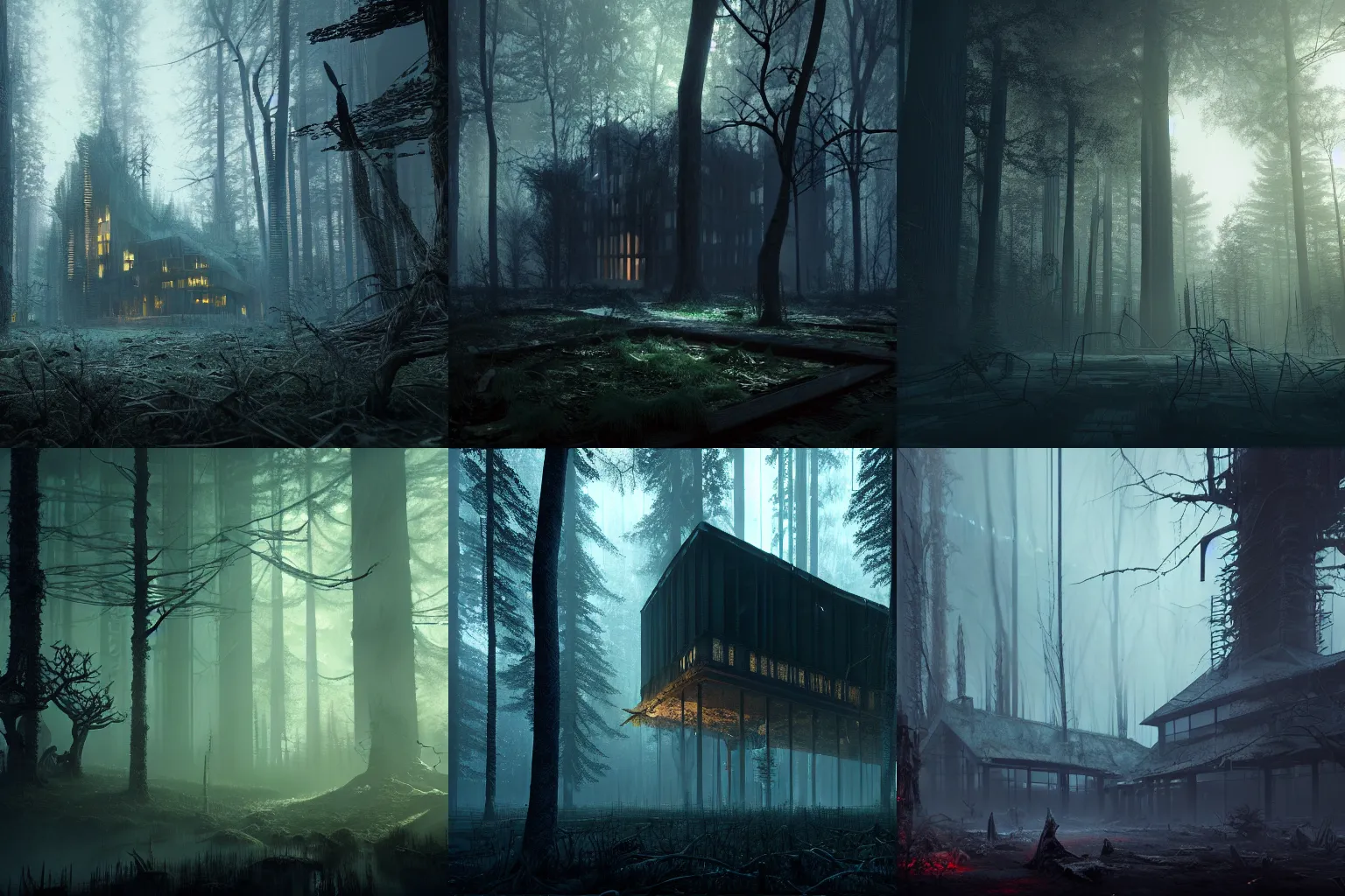 Prompt: a building in a creepy dark forest, by Anthon Bock, Wadim Kashin, featured in artstation, octane render, cinematic, elegant, intricate, 8k