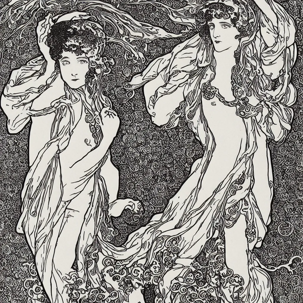 Prompt: a monochromatic art nouveau, engraving by Mucha, engraving by Beardsley