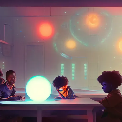 Prompt: black boys and black girls watching a hologram and glowing orbs in a futuristic classroom by greg rutkowski and mikato shinkai, digital illustration, Trending on artstation. 8k