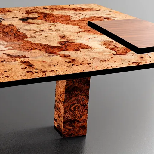 Image similar to rectangular cherry burl wood black epoxy river down the center of the table, modern style, magazine photograph, realistic