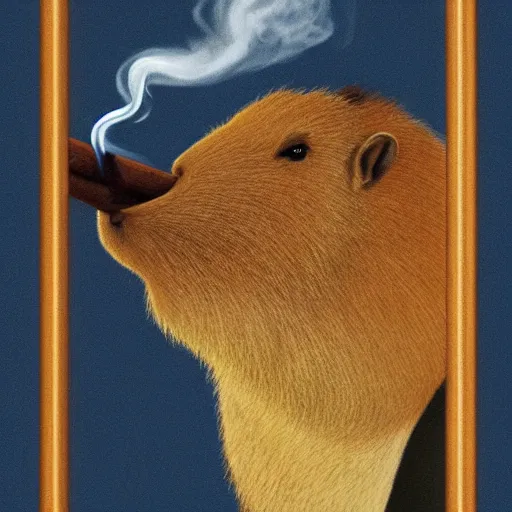 Image similar to an antropomorphic capybara wearing a suit smoking a cigar