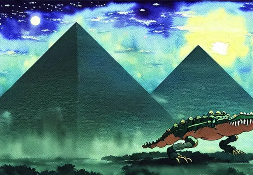 Image similar to a hyperrealist watercolor concept art from a studio ghibli film showing a giant mechanized crocodile from howl's moving castle ( 2 0 0 4 ). a pyramid is under construction in the background, in the rainforest on a misty and starry night. a ufo is in the sky. very dull muted colors. by studio ghibli