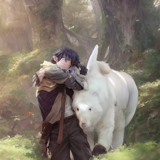 Image similar to a person hugging a large white animal, a detailed painting by krenz cushart, pixiv contest winner, fantasy art, official art, detailed painting, pixiv. highly detailed. 4 k masterpiece.