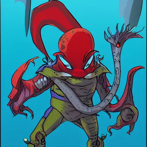 Image similar to concept art character with a vampire squid head and cape that is tall and thin that lives in an ocean setting in the apocalypse created for a new episode of rise of the teenage mutant ninja turtles on nickelodeon comic book dots with chromatic aberration and design influences from fret nice the video game