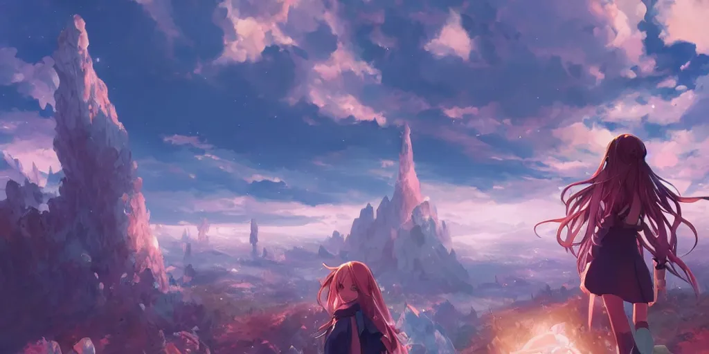 Image similar to isekai masterpiece by mandy jurgens, by irina french, by rachel walpole, by alyn spiller anime woman standing tree log looking up at giant crystals, high noon, cinematic, very warm colors, intense shadows, ominous clouds, anime illustration, anime screenshot composite background