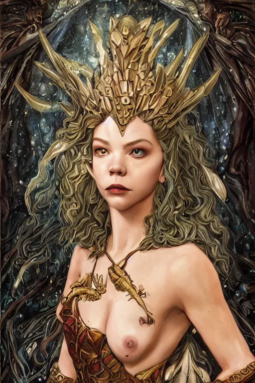 Image similar to A fantasy comic book style portrait painting of Cory Chase, hybrid, Anya Taylor-Joy, as an Atlantean Reptilian Warrior, François Boucher, Oil Painting, Mystical, Modest, Valkyrie, wearing intricately designed, jewel inlaid Armor, unreal 5, DAZ, hyperrealistic, octane render, Regal, Refined, Detailed Digital Art, RPG portrait, William-Adolphe Bouguereau, Michael Cheval, Walt Disney (1937), Steampunk, dynamic lighting, Highly Detailed, Cinematic Lighting, Unreal Engine, 8k, HD