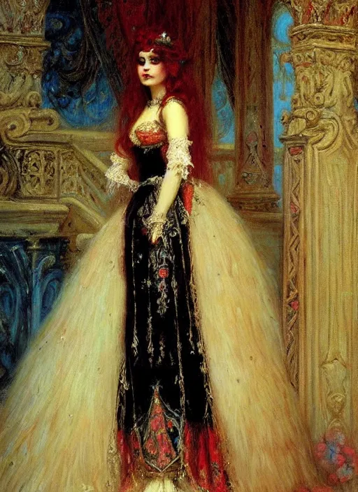 Prompt: vertical prtrait of a gothic princess, baroque dress. by gaston bussiere