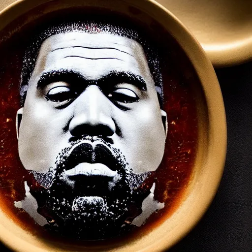 Prompt: a face of kanye west made of congee, michelin star photography