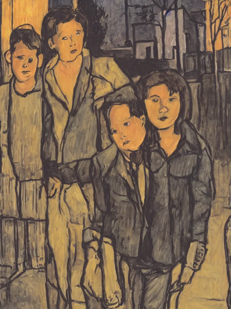 Image similar to backlit portrait of 2 kids posing at night, by alice neel, high definition, intricate details, atmospheric, town square, vegetation, small town