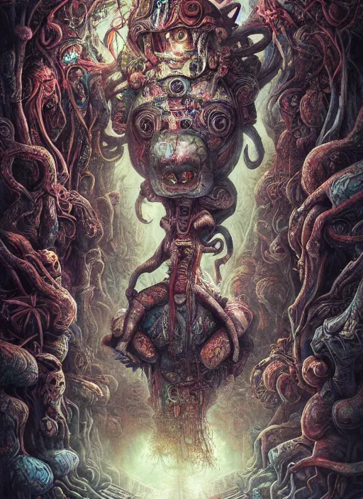 Image similar to alice in wonderland, mayan god, alien, highly detailed, cinematic, 8 k, by megan duncanson, benjamin lacombe, adrian borda, stanley artgermm, tom bagshaw, craig mullins, carne griffiths, ayami kojima, beksinski, giger, trending on deviantart, hyper detailed, horror, full of colour