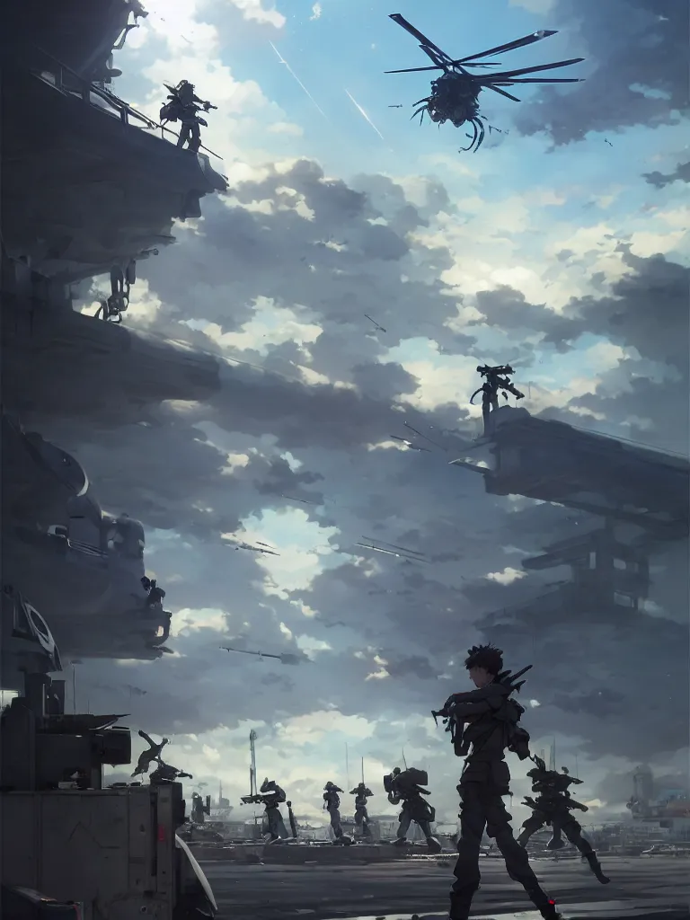 Image similar to Epic scene of a beautiful anime soldier standing in front of a cyborg repair shop, while a futuristic military helicopter flies overhead, by Greg Rutkowski and Krenz Cushart and Pan_Ren_Wei and Hongkun_st and Bo Chen and Enze Fu and WLOP and Alex Chow, Madhouse Inc., anime style, crepuscular rays, set in rainy futuristic cyberpunk Tokyo street, dapped light, dark fantasy, cgsociety, trending on artstation