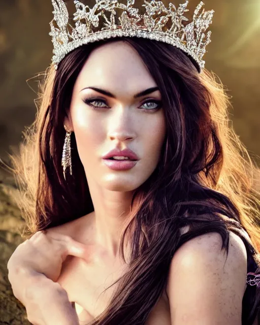 Image similar to 2 8 mm closeup portrait of very beautiful seductive megan fox cleric wearing a tiara made from dreams in a fantasy wonderland, glamour pose, long wind swept hair, ethereal, dreamy, backlit, highly detailed, realistic lighting, sharp focus, rule of thirds, artgerm, wlop, arney freytag, frank frazetta, hd, octane, 4 k,