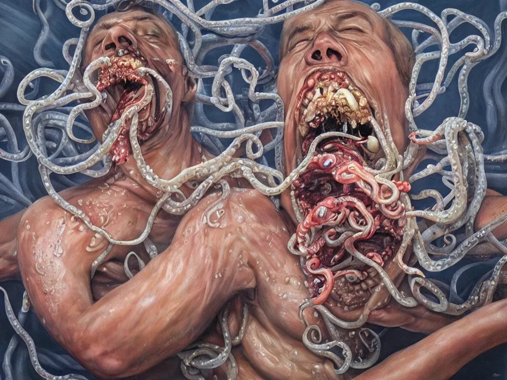 Prompt: a perfect hyperrealist painting of a man engulfed in squid, tentacles down his throat, in his mouth, coming out his eyes. fine art, gallery lighting, solemn, and exquisite