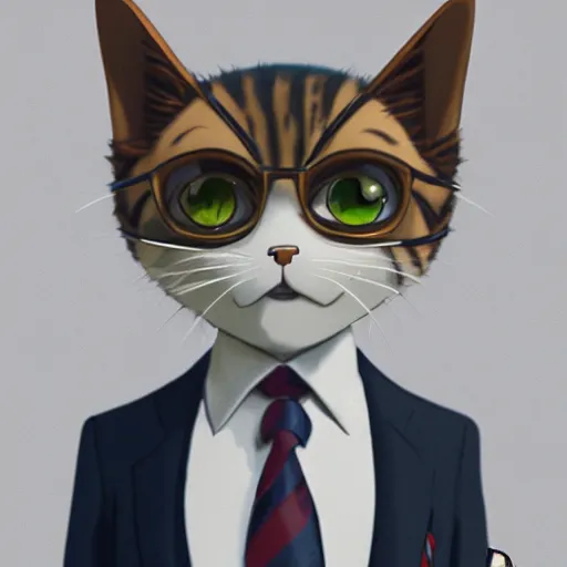 Image similar to a highly detailed close up portait of a cute little anthropomorphic cat wearing a suit by studio ghibli, tiny, small, cute and adorable, pretty, beautiful, character art portrait, matte painting, Artstation