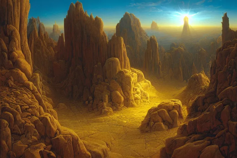 Prompt: The Portal Beyond the Mortal Realm. 3D matte painting by Johfra Bosschart, bright volumetric sunlight